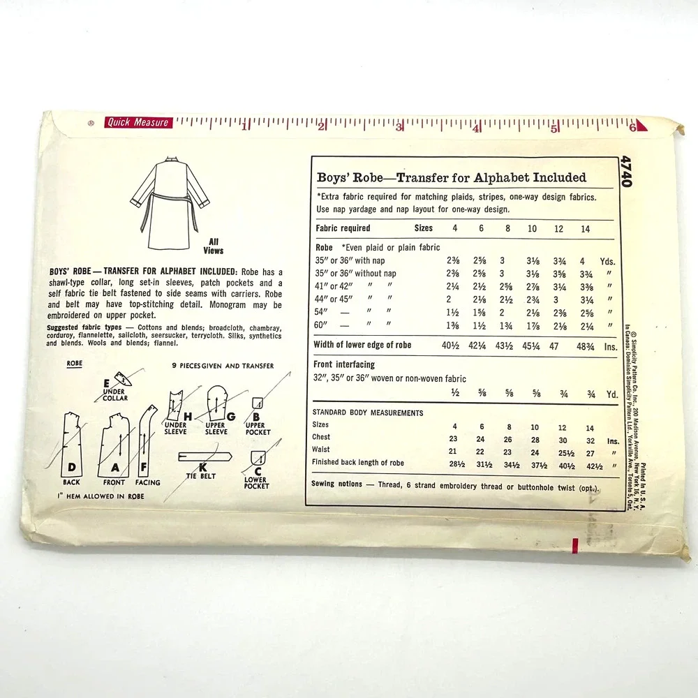 Simplicity Vintage 1960's‎ Pattern #4740 Boys Robe Size 8 Chest 26